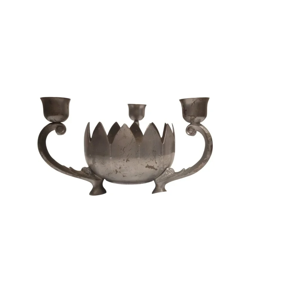 Taper Candle Holder (3)-Arm Lotus Flower Silver‎ Finish
